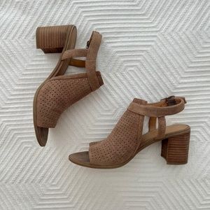 Franco Sarto Tan Suede Perforated Open-Toe Block Heel Booties